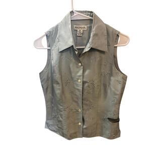 Vintage blue silk collard sleeveless top with intricate embroidery size 4